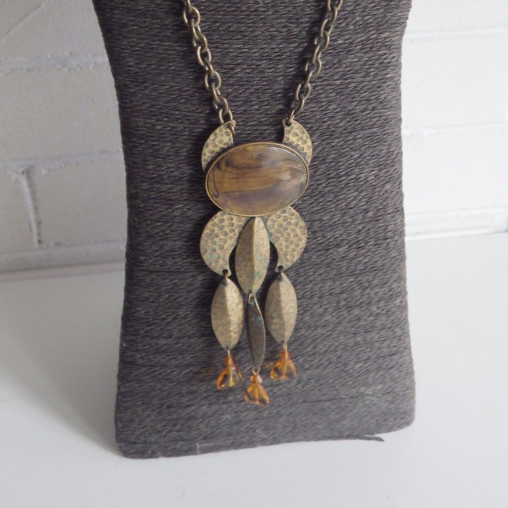 Vintage Kien Hammered Metal & Cabochon Long Necklace Pendant